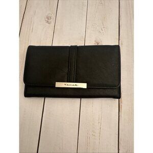Tahari Black Womens Faux Leather Trifold Wallet Identity Protect Lining 8x5” EUC